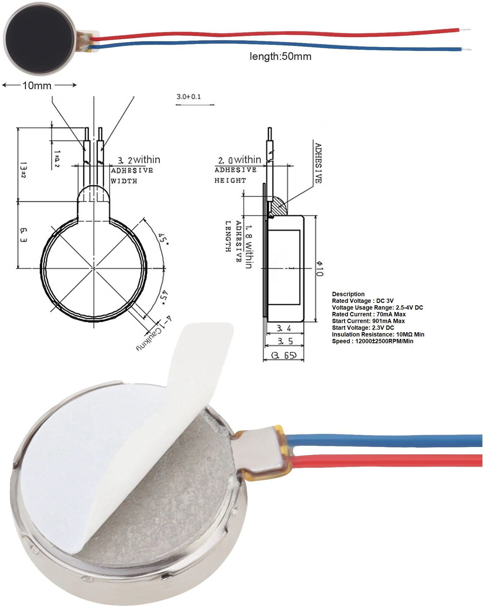 Micro Motor de vibración de 3v